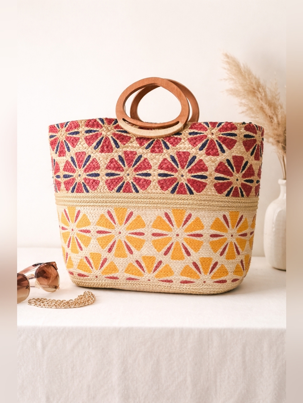 Antik Kraft Juhi Jute Floral Boho Tote, Straw, Wooden, Boho, Woven, Coastal